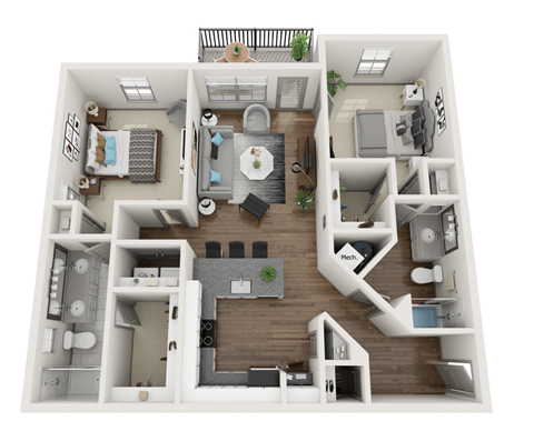 Floor plan for 2 beds, 2 baths, 1193 sqft